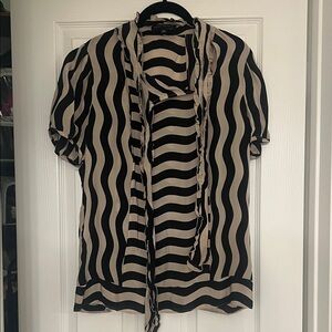 Banana Republic Black and Beige Wavy Stripe Tie-Neck Blouse with tiny call out